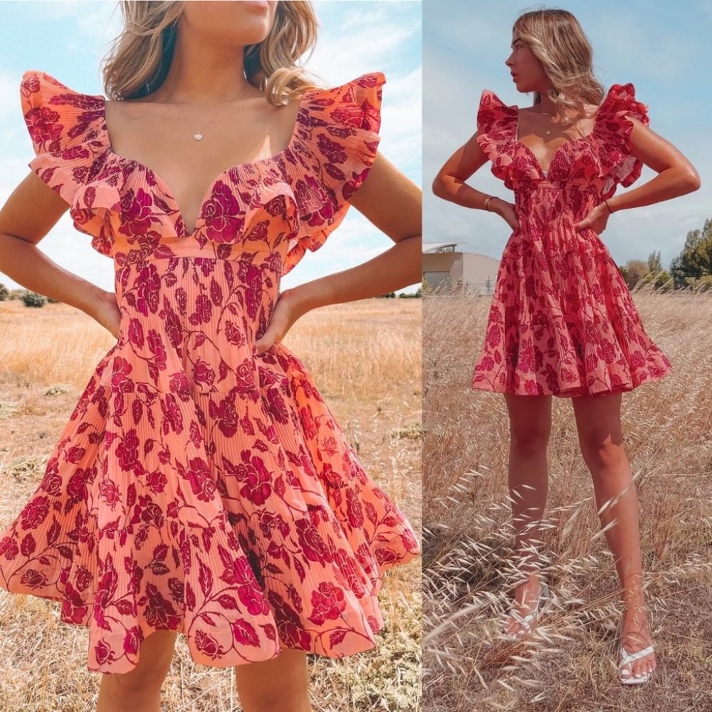Zimmermann Lovestruck Pleated Ruffle Floral Plisse Mini Dress Pink